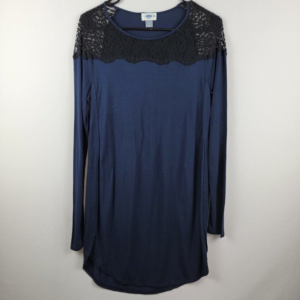 Old Navy Tunic Top Women PS Blue With Black Lace Trim Long Sleeve Stretch Rayon